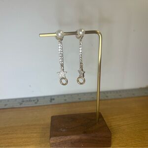Faux pearl silver tone star crystal dangle drop front back earrings dainty cute